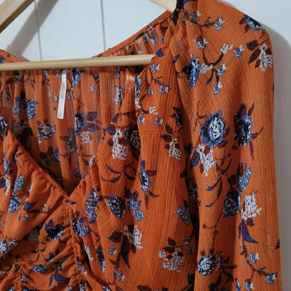 Free People Top Womens Size Small Orange Floral Cropped Balloon Sleeves - Picture 7 of 11